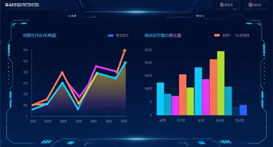 一份色彩鲜明的折线图和柱状图结合的可视化界面，背景为现代科技风格
